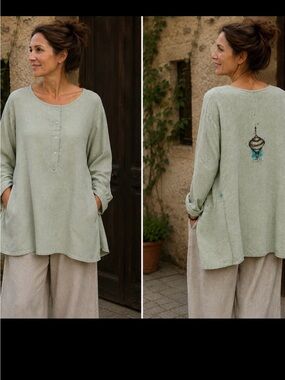 Hand Painted Irene Pearlman 100% Linen Tunic Top M Sage Green Art to Wear